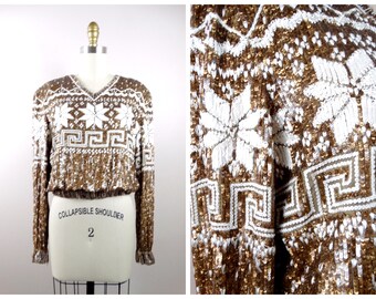 Vintage Valentino Silk Sequin Pullover Top // Designer Couture Fully Sequined Long Sleeved Crop Top Sweater