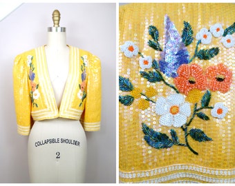 Haute Couture Hand Beaded Sequined Floral Bolero Top / Yellow Sequin Embellished Cropped Jacket Shrug