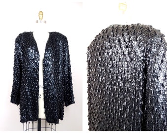 HEAVY Teardrop Beaded Fringe Jacket / Heavily Embellished Black Sequined Evening Blazer Coat