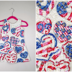 Baby Girl Sequin Dress / RARE Red White and Blue Beaded Mini Dress / Patriotic Hearts Pageant Dress