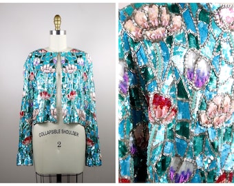 Haute Couture Sequined Beaded Cardigan / New York Vintage Bergdorf Goodman Stained Glass Designer Floral Sequin Bridal Bolero