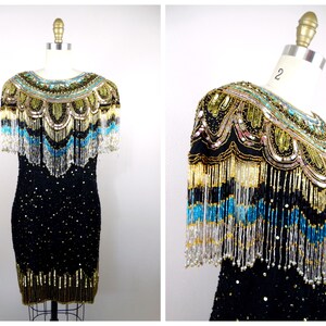 80s Gold Fringed Beaded Sequin Dress // Fringe Gatsby Flapper Dress // Gold Embellished Mini Dress image 7