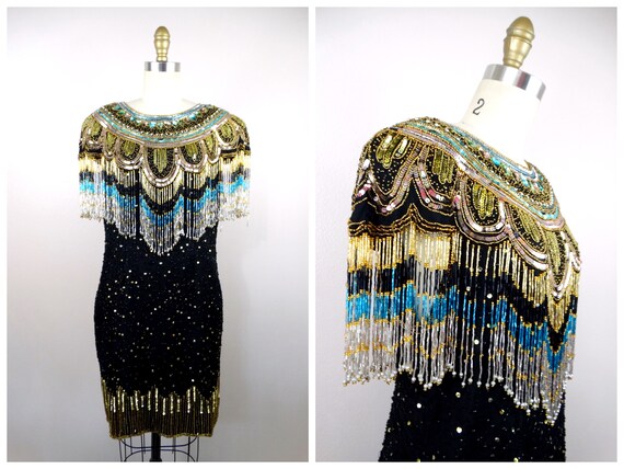 80s Gold Fringed Beaded Sequin Dress // Fringe Ga… - image 7