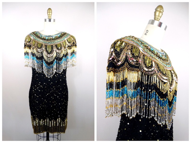 80s Gold Fringed Beaded Sequin Dress // Fringe Gatsby Flapper Dress // Gold Embellished Mini Dress image 7