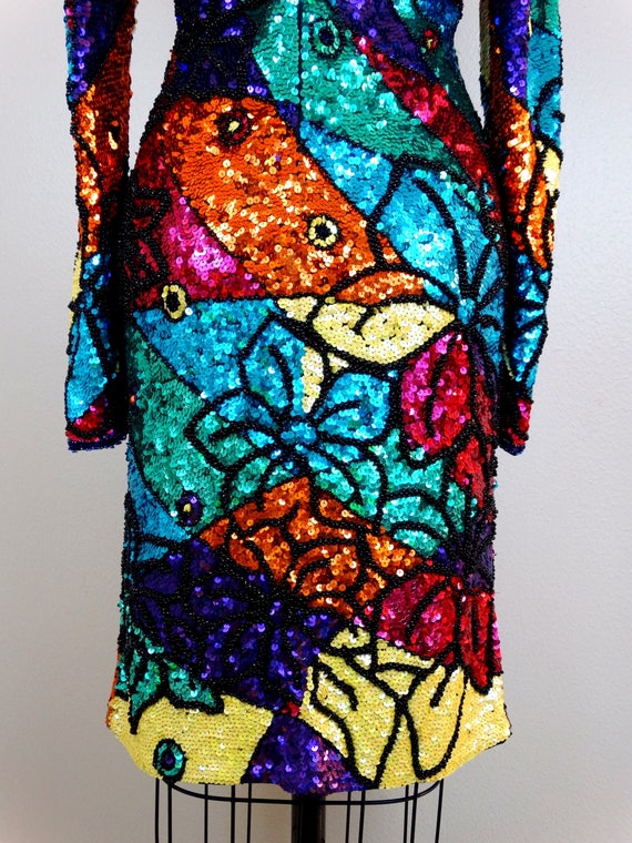 Heavily Beaded Rainbow Sequined Dress // Colorful… - image 7