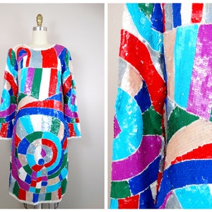 Psychedelic Bright Sequin Dress / Geometric Colorblock Sequined Vintage Dress
