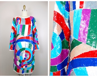 Psychedelic Bright Sequin Dress / Geometric Colorblock Sequined Vintage Dress