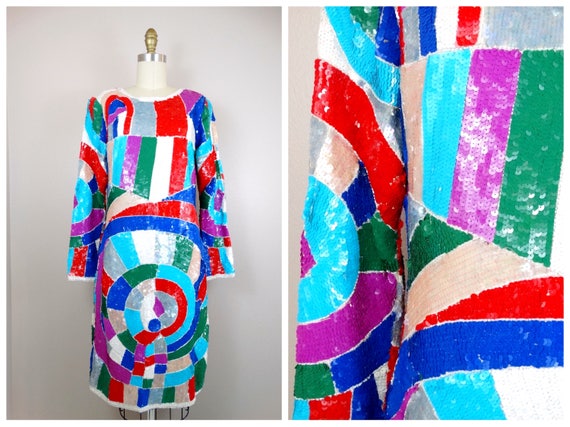 Psychedelic Bright Sequin Dress / Geometric Color… - image 1