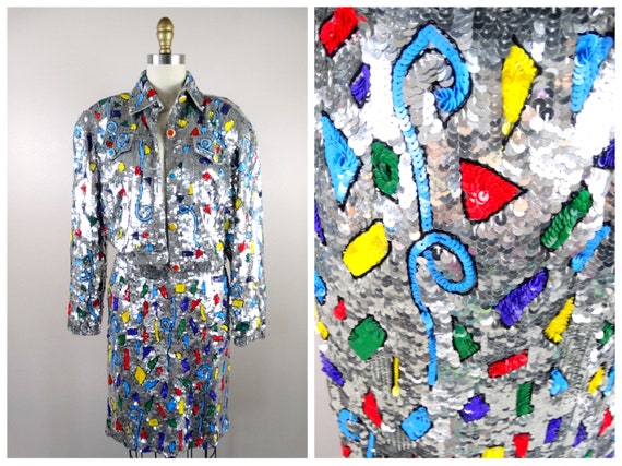 80s Funky Glam Sequin Jacket and Skirt // Mirror … - image 1