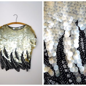 M/L Matte Paillette Sequin Top // Clear Beige Sequined Beaded Oversized Blouse