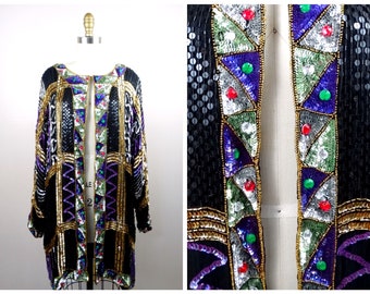VTG Jewel Beaded Long Sequin Jacket // Black Silver Purple and Gold Vintage Sequined Duster w/ Jewels