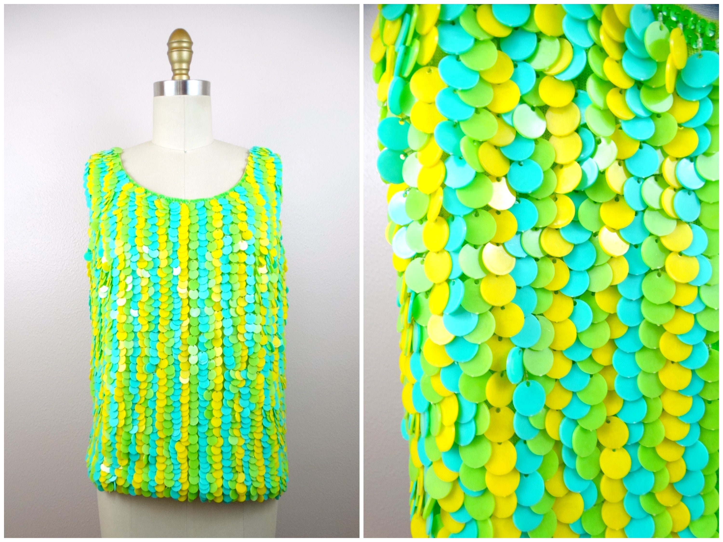 60s Plastic Neon Paillette Disc Embellished Green Yellow and Blue Top / 1960’s Coin Discs Sequined Beaded 1960s Top