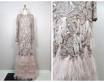 EXQUISITE Ostrich Feather Champagne Pink Sequin Gown / Dusty Rose Beaded Dress / Nude Blush Feathered Gown