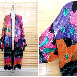 INCREDIBLE Retro Sequin Kimono / Colorful Sequined Long Jacket / Bright Sequin Embellished Open Kaftan O/S