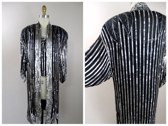 VTG Beaded Silk Sequined Kimono and Top / Black a… - image 10