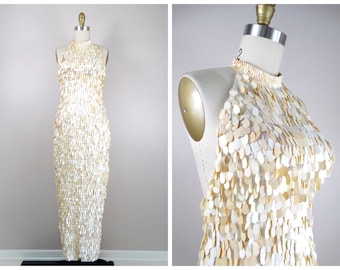 Iridescent Paillette Fringe Sequin Gown / Ivory Embellished Dress / Teardrop Paillettes Halter Gown w/ High Slits Small XS