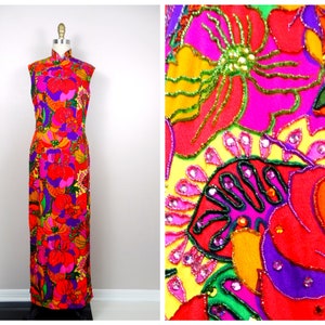 Psychedelic Vintage Crystal Embellished Floral Gown // Retro Neon Rainbow Rhinestone Hand Beaded Maxi Dress