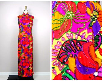 Psychedelic Vintage Crystal Embellished Floral Gown // Retro Neon Rainbow Rhinestone Hand Beaded Maxi Dress