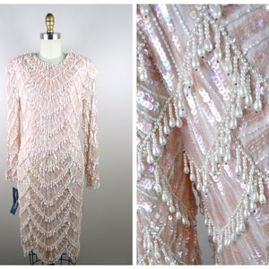 Teardrop Pearls Beaded Dress / Pink Silk Pearl Beaded Sequined Dress / Heavily Embellished Iridescent Sequin Dress
