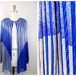 HEAVY Beaded Jacket / Royal Blue and Silver Long Jacket / Heavily Embellished Jacket