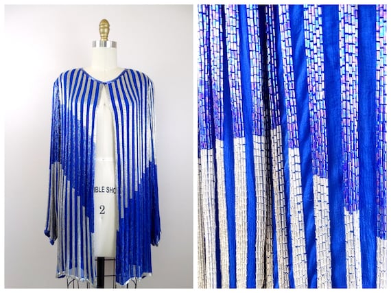 HEAVY Beaded Jacket // Royal Blue and Silver Long… - image 1