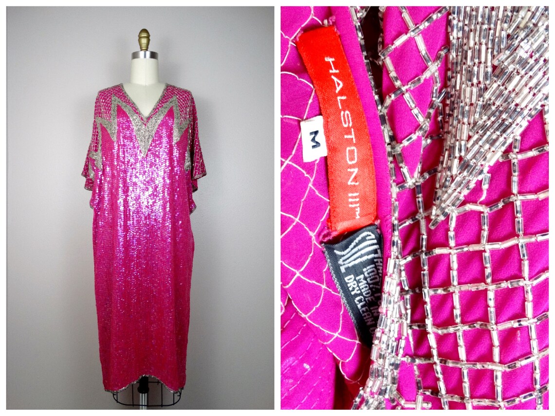 70s HALSTON Pink Sequin Dress / Vintage Beaded Sequined Dolman - Etsy