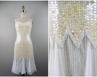 Ivory Fringe Pearl Beaded Dress / Iridescent Sequin Dress / White Chiffon Flowy Skirt Strappy Dress XS