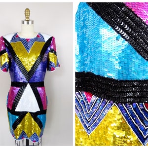 S/M Colorblock Sequin Dress / Colorful Vintage Sequined Dress / Bright 1980s Party Dress