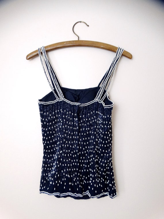 XS/S Navy and White Beaded Bustier Top / 1990's P… - image 2