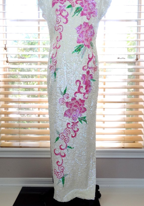 Vtg Cheongsam Sequin Gown / Vintage Iridescent Se… - image 4