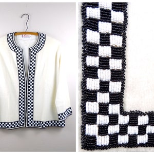 50s 60s Retro Beaded Checker Wool Cardigan // Black & White Checkerboard Sweater