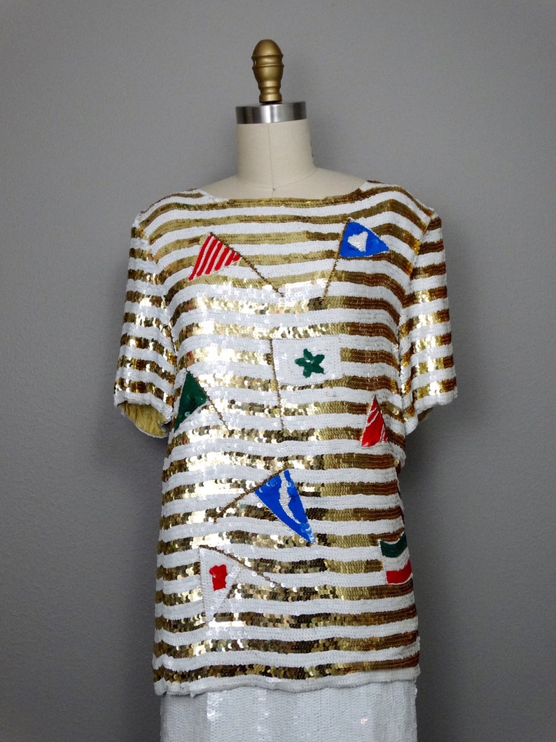 Retro Flashy Sequined Top Skirt by Lillie Rubin White and Gold Striped Sequin Embellished Glam Ensemble International Flags Dress
