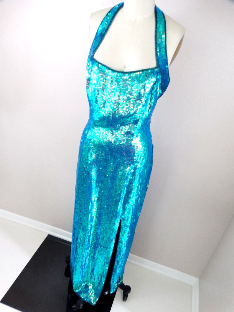 Iridescent Mermaid Sequin Gown / Opalescent Blue Green Chameleon Sequined Dress image 5