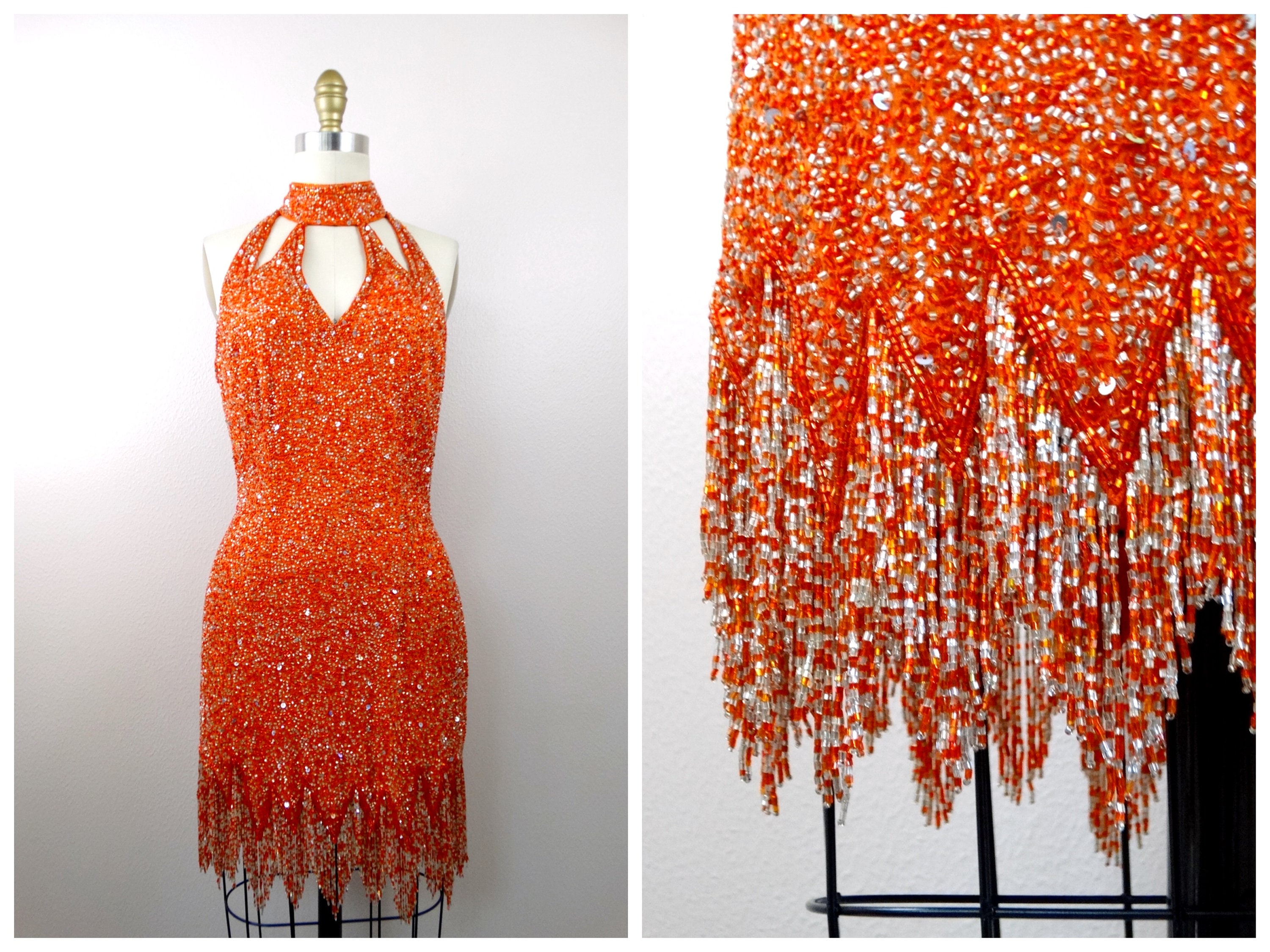 パーティードレス Sequin Embellished Asymmetric Dress RIAZEE Beaded Party Dress / Bright Orange Embellished