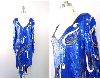 70s Blue Sequin Dress, Embellished Cold Shoulder Gatsby Flapper