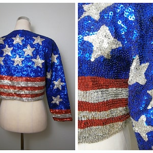 AMERICAN FLAG Sequin Shrug // Stars & Stripes Beaded Bolero // USA Flag Red White and Blue Embellished Jacket