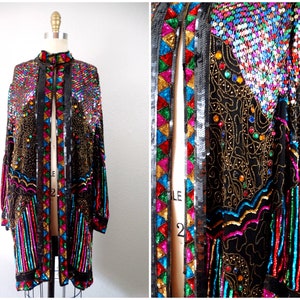 INCREDIBLE Retro Rainbow Sequined Duster / Colorful Confetti Sequin Long Jacket / Bright Sequin Embellished Open Kaftan