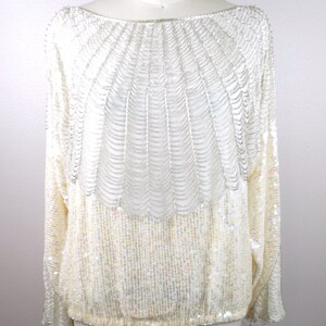 L/XL Loop Fringe Beaded Top / Iridescent Ivory Sequined Top Large image 2