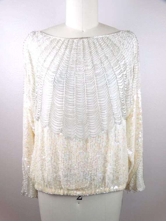 L/XL Loop Fringe Beaded Top / Iridescent Ivory Se… - image 2