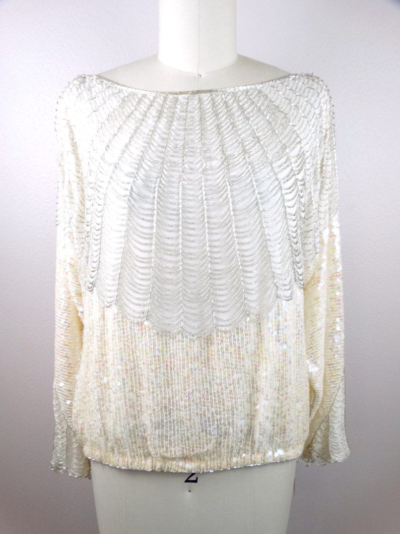 L/XL Loop Fringe Beaded Top / Iridescent Ivory Sequined Top Large image 2