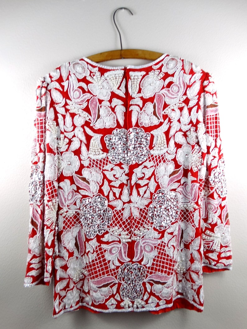 Heavy Pearl Beaded Blouse Bright White Pearl Embellished Red Silk Top Art Deco Beaded Sequined Top