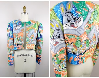 90s Cartoon Sequin Embellished Jacket / 1990’s Novelty All Sequined Beaded Jacket by Jeanette Kastenberg a Platinum Piece