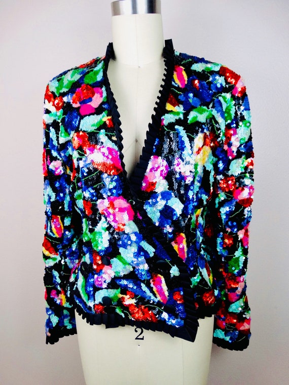 90s Couture Sequined Wrap Top / Bright Floral Seq… - image 4