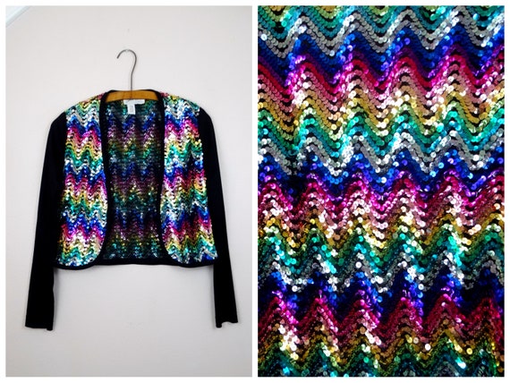70s Rainbow Sequin Shrug // 1970s Vintage Chevron Rainbow Sequined