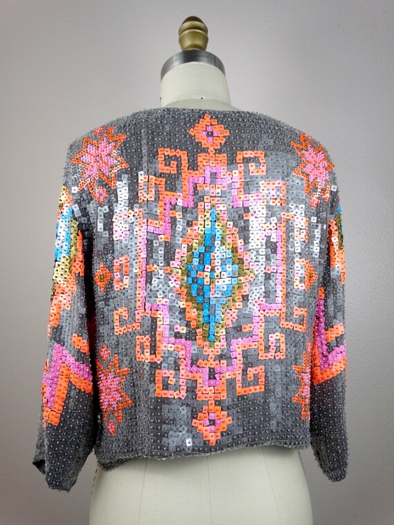 S/M Sequin Paillette Shrug / Bright Retro Beaded … - image 6