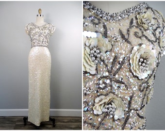50s 60s Iridescent Sequin Wedding Dress // 1950's 1960's Silver and Ivory Sequined Floral Gown // Vintage Pearl Beaded Wedding Gown