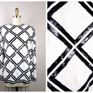S/M Couture Sequin Top // RARE Black & White Argyle Lattice Checkered Harlequin Diamond Shape Beaded Top