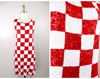 WOW Showstopper Sequin Checkered Dress ‣ MOD Retro Vintage White and Red Sequined Beaded Dress Made in Italy