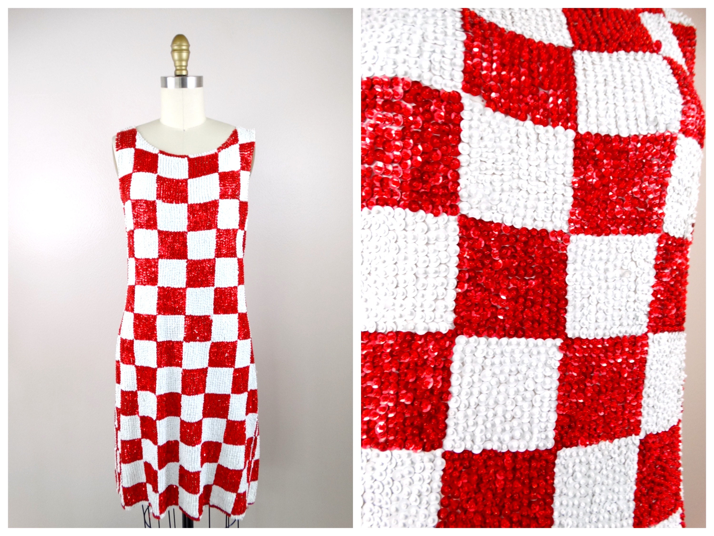 red and white sequin dress Made in Italy Checker Sequin Dress ‣ MOD Retro Vintage White and Red Beaded  Dress Italian Haute Couture