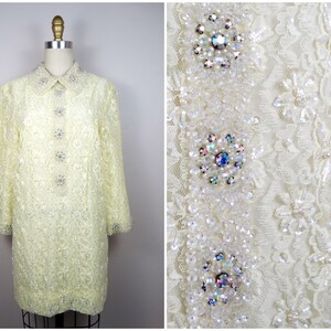 50s 60s Crystal Beaded Mini Dress • Mid Century Pastel Pale Yellow Lace Go-Go Dress • 1960&#39;s Iridescent Sequin Rhinestone Dress MCM